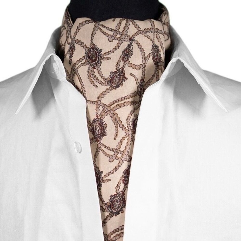 Mens Silk Ascot Cravat Medallion Geometric Cream Formal Wedding Necktie Classic